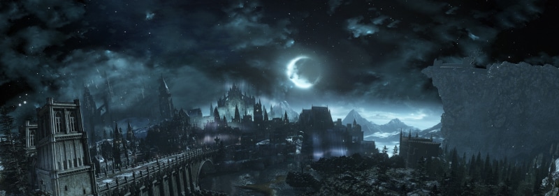 spooky, night, Dark Souls, Irithyll, video games, cityscape, environment, cloud - sky, storm, Moon, castle, 4K, digital, built structure, nature