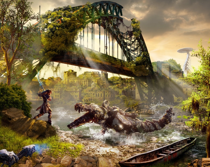 water, nature, Other Games, ZeroDawn, TyneBridge, one person, roboticcreatures, real people, architecture, concept, art, motion, bridge, Hunter, tree, gray