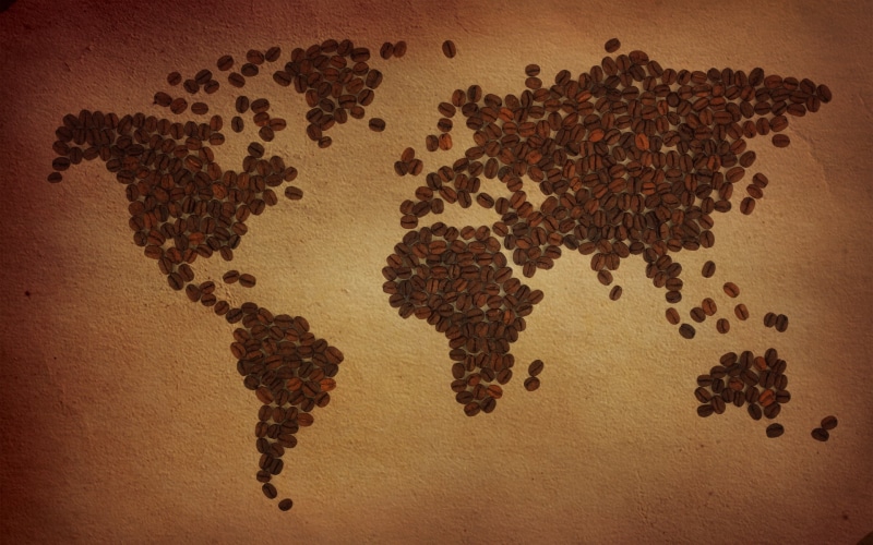 spice, coffee - Drink, high angle view, still life, abundance, variation, map, indoors, world, studio shot, caffeine, the world, coffee beans, grain, brown