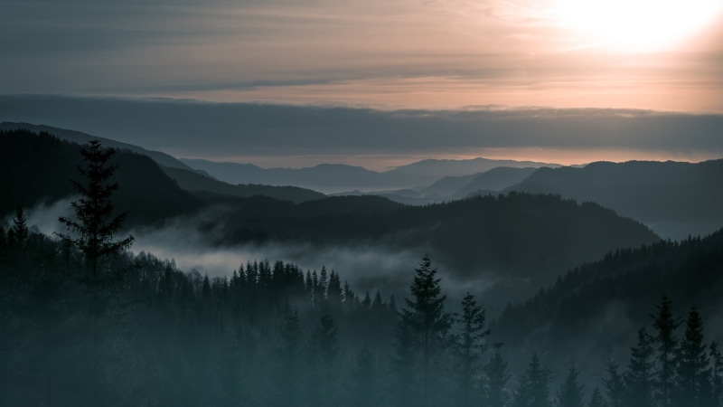 outdoors, Norway, 2K, mountain peak, sky, idyllic, scenics - nature, non-urban scene, plant, hazy, tranquil scene, tree, tranquility, trees, green, landscape