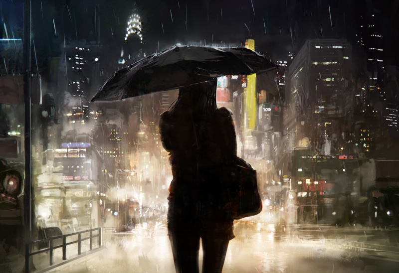 city, caucasian Ethnicity, architecture, illustration, young Adult, females, illuminated, weather, outdoors, umbrella, raindrop, one Person, traffic, women