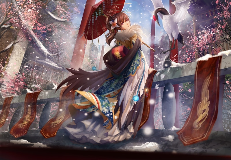 birds, dancing, female, enjoyment, music, adult, anime, Japanese clothes, creativity, women, kimono, Japanese umbrella, real people, festival, cherry blossom