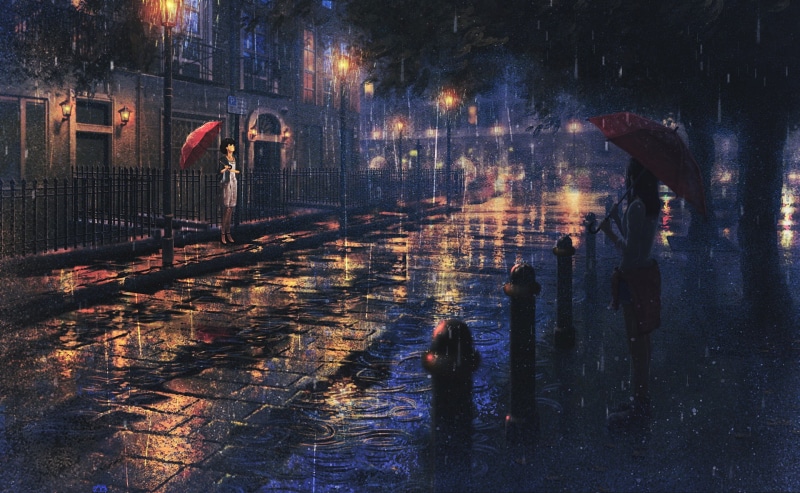 transportation, night, anime, reflection, architecture, 1080P, outdoors, winter, nature, anime girls, rain, artwork, street light, tree, rainy season