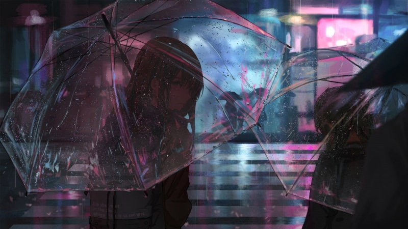 umbrella, rain falls, rainy, transparent umbrella, transparent, city, night, 1080P, anime girl, sadness, anime art, rainy day, rain, raining
