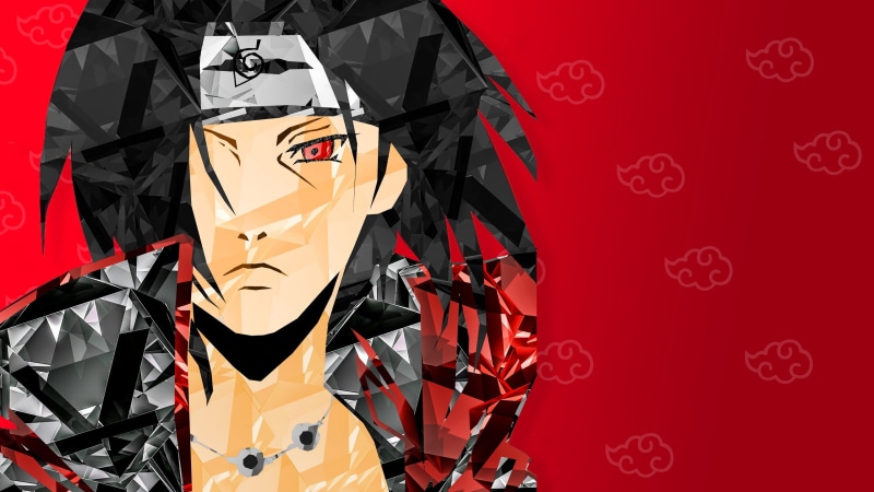 male likeness, pattern, red background, shape, close-up, digital art, manga, representation, clothing, colored background, Uchiha Itachi, yellow, uchiha