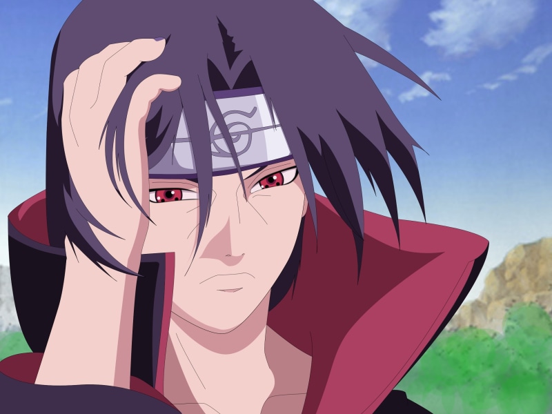 1080P, outdoors, human representation, Naruto Shippuuden, sky, creativity, sunlight, anime, close-up, Uchiha Itachi, male likeness, standing, low angle view