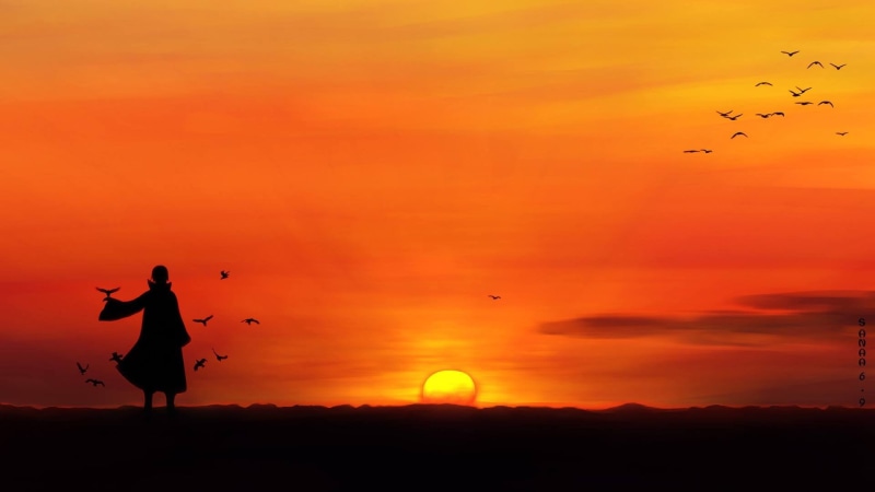 nature, beauty in nature, orange color, vertebrate, one person, digital, scenics - nature, Naruto Shippuuden, bird, anime, full length, sky, silhouette