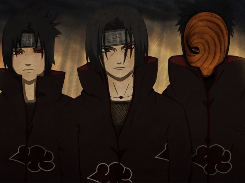 itachi, portrait, group of people, headshot, Uchiha Obito, hood - clothing, front view, obscured face, indoors, 720P, adult, digital composite, sasuke