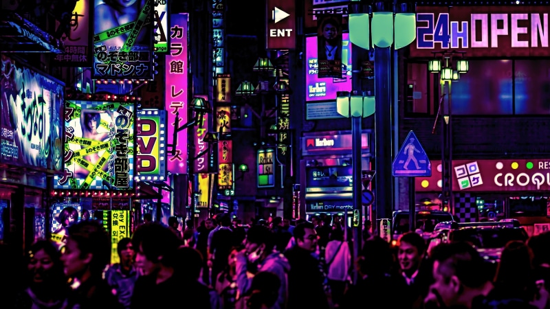 built structure, Japan, city, futuristic, outdoors, illuminated, street, sign, artwork, city life, 4K, building exterior, cyberpunk, futuristic city, communication