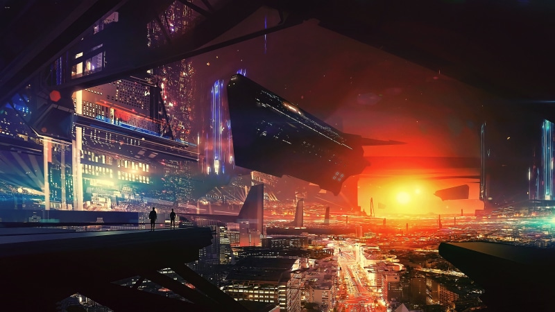 travel, transportation, futuristic, black, sunset, red, futuristic city, nightlife, outdoors, fan art, modern, illuminated, cyberpunk, skyscraper, water
