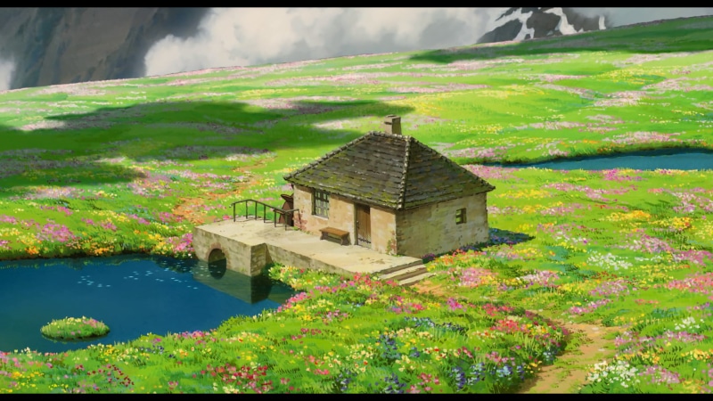 outdoors, Howls Moving Castle, architecture, Movie, day, Flower, auto post production filter, Cottage, transfer print, 1080P, no people, building, House