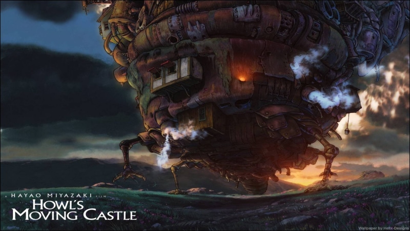 1080P, Studio Ghibli, dramatic sky, sky, communication, animation, digital composite, castle, s, outdoors, dusk, Howls Moving Castle, nature, architecture