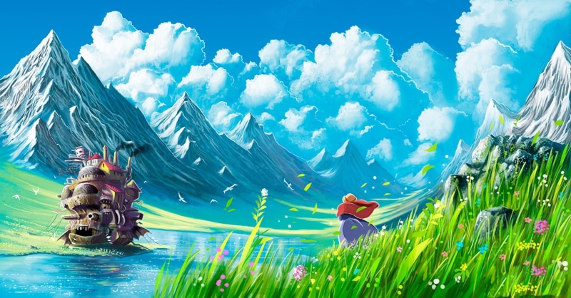 water, studio ghibli howls moving castle mountain, travel, beauty in nature, people, day, mountain, sky, landscape, plant, rural scene, green color, architecture