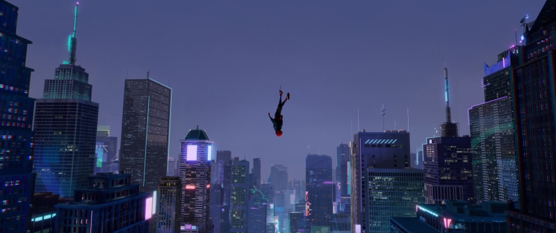 built structure, black, landscape, office building exterior, illuminated, sky, residential district, Spider-Man: Into the Spider-Verse, white, vitality