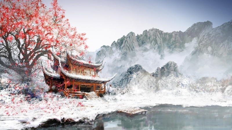 scenics - nature, body, tourism, china - East Asia, mountain, blossom, asia, river, sky, winter, plant, Japan, built structure, nature, vacations, red