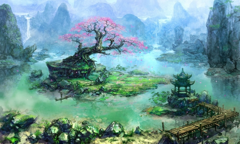 plant, fantasy art, trees, smoke, river, spirituality, environment, built structure, religion, painting, day, artwork, smoke - physical structure, tree