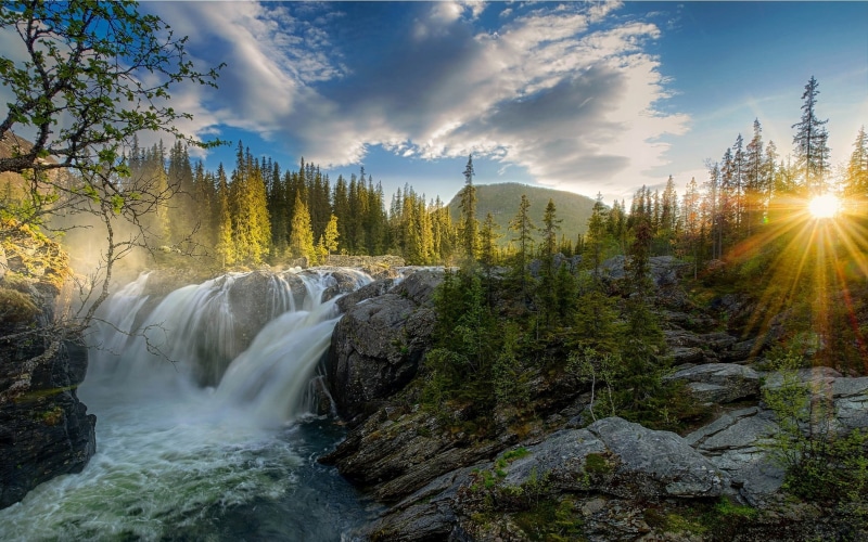 cloud - sky, mist, lens flare, river, 1080P, solid, nature, pine woodland, sun, sky, beauty in nature, woodland, hills, tree, sunlight, rock - object