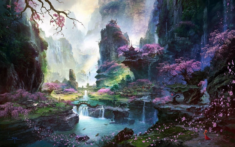 stream - flowing water, plant, rainforest, Asian architecture, pink, no people, rock, scenics - nature, nature, flowing, fantasy art, tree, beauty in nature