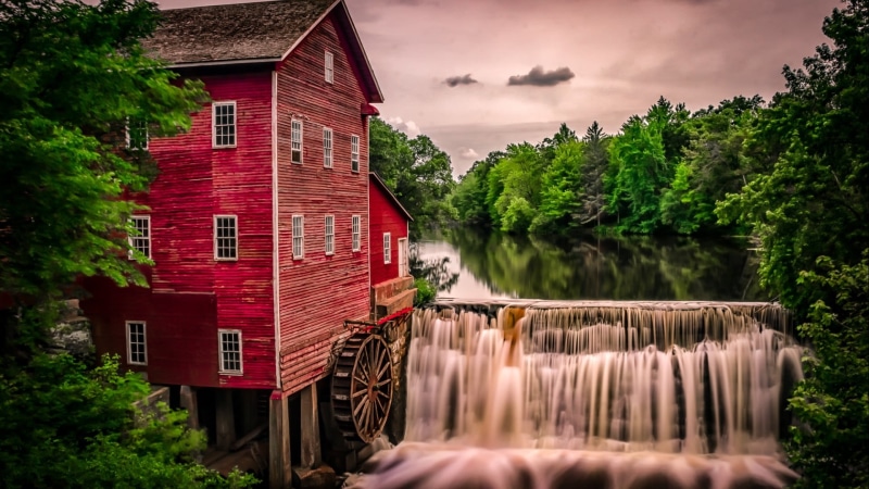 nature, cottage, sky, tree, reflection, old building, red, concrete, lake, no people, beauty in nature, water, mill, plant, 1080P, forest, waterfalls