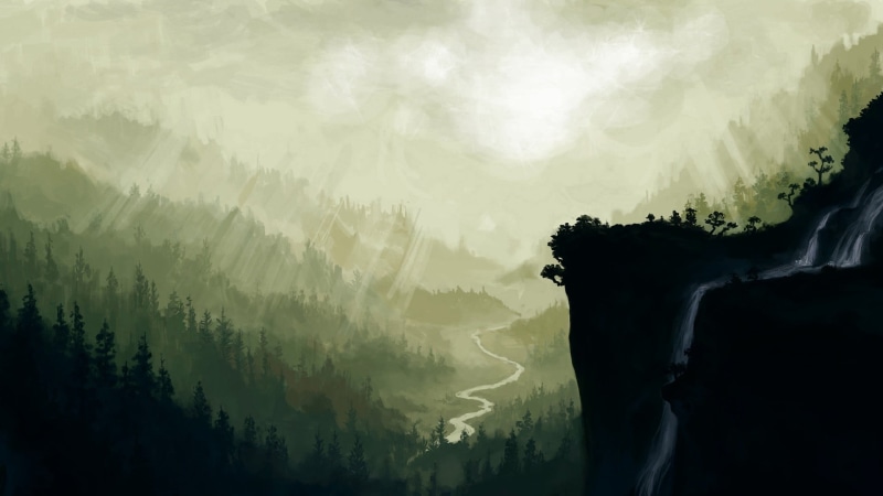 mist, land, river, illustration, Japan, waterfall, power in nature, tranquility, mystery, tranquil scene, abstract, outdoors, 1080P, drawing, mountains