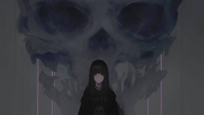 human body part, brunette, standing, digital composite, black hair, hate, original characters, skull, indoors, 2K, human representation, black, looking at viewer