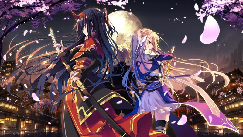 event, representation, katana, creativity, anime, motion, city, samurai, armor, glowing, illustration, long hair, incidental people, night, anime girls