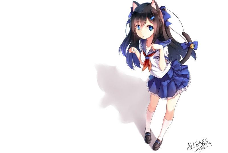 looking at camera, one person, black hair, copy space, purple, illustration, anime girls, nekomimi, anime, character, tail, girls, studio shot, lifestyles