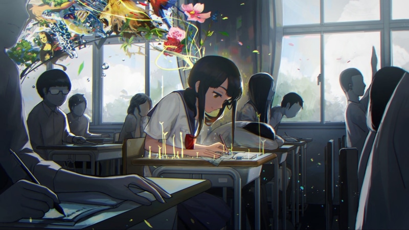 chair, sitting, table, school, haired, corporate Business, office, real people, anime, creativity, trees, communication, people, 1080P, black, adult, education