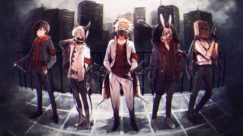 group of people, character, anime, katana, clothing, full length, blue eyes, built structure, gun, adult, togetherness, mask, festival, headband, costume