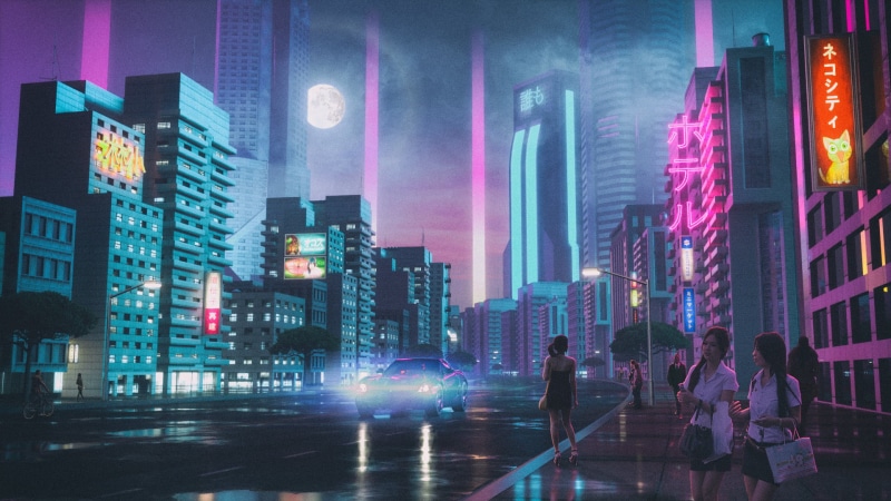 cyberpunk, city, synthwave, night, Moon, purple, people, neon, David Legnon, neon glow, 1080P, car, Retrowave, drawing