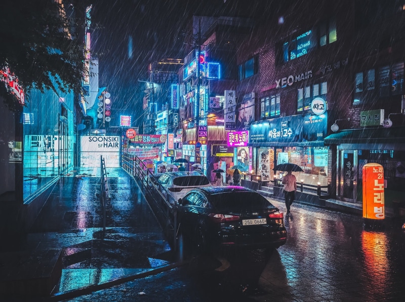 wet, rain, uSA, umbrella, built Structure, building, nightlife, sedan, traffic, photography, black, travel, 1080P, outdoors, communication, people, road