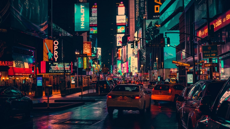 road, town, transportation, travel, residential district, nighttime, building, text, 5K, advertisement, cars, built structure, urban, city street, motor vehicle