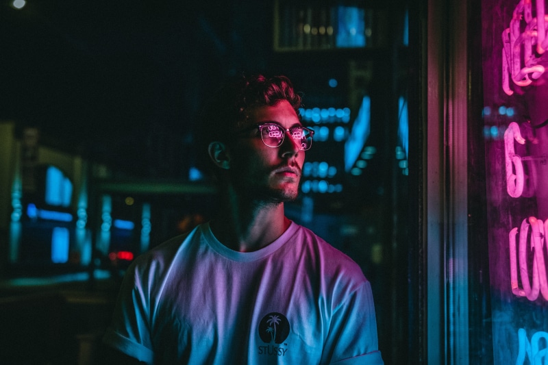 portrait, looking, focus on foreground, men, young men, technology, 5K, neon, glass, urban, illuminated, night light, tree, light, one person, night, brown hair