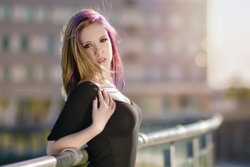 railing, 1080P, contemplation, hair, teenager, elbow, Gustavo Terzaghi, young adult, hairstyle, long hair, beautiful woman, young women, T-shirt, outdoors