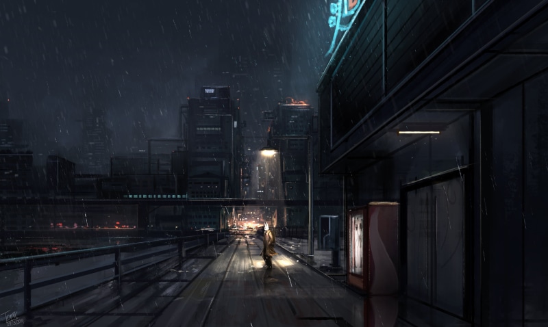 dark, city lights, rabbits, city, street light, digital, digital painting, digital art, illustration, modern, urban, lamp, architecture, shadow, drawing