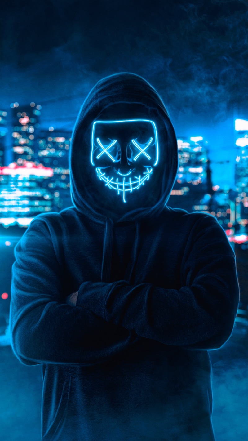 photomontage, dark, photo manipulation, mask, neon lights, environment, cyan, Photoshop, digital, blue, faceless, city, artwork, lights, urban, hoods, bokeh