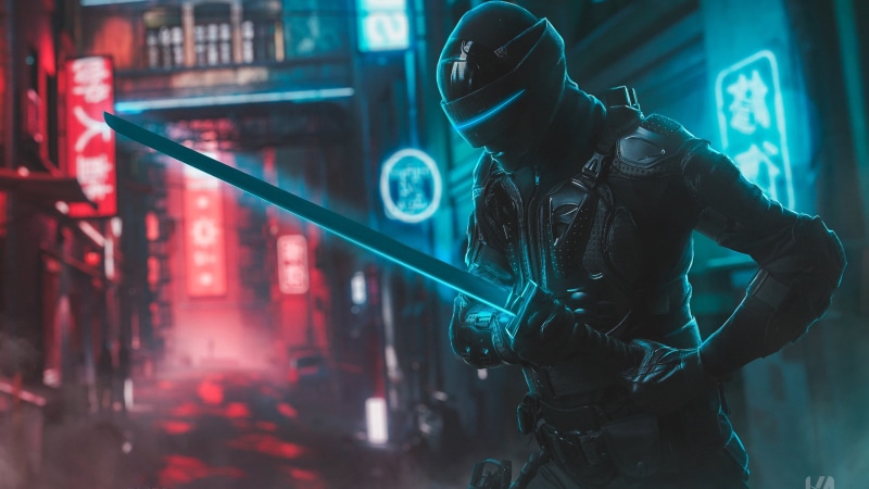 Japan, cyber, neon, artwork, bokeh, dark, modern, Dark Cyberpunk, cyan, digital art, neon lights, futuristic armor, city, cyberpunk, futuristic, building