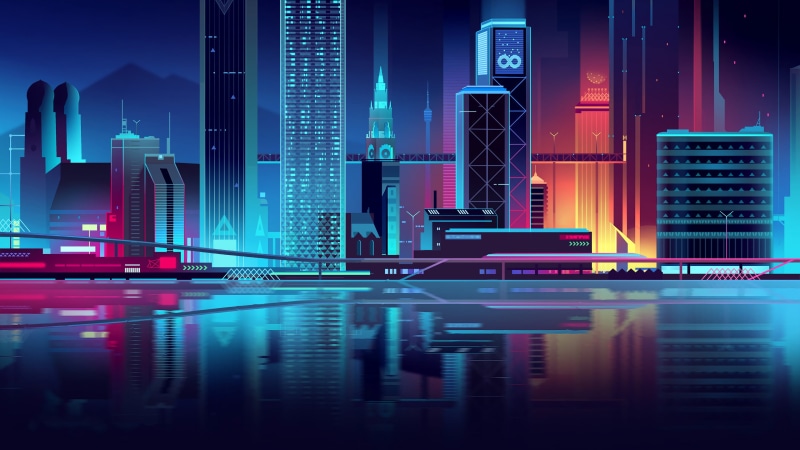 lights, water, cityscape, red, vector art, digital, tower, neon lights, vector graphics, 4K, Romain Trystram, reflection, urban, city, neon, cyan, cyber