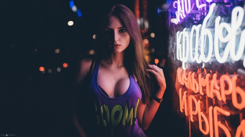nightclub, lights, front view, night, tank, fashion, dark, waist up, watch, depth of field, hairstyle, purple, neon, young adult, brunette, adult, model