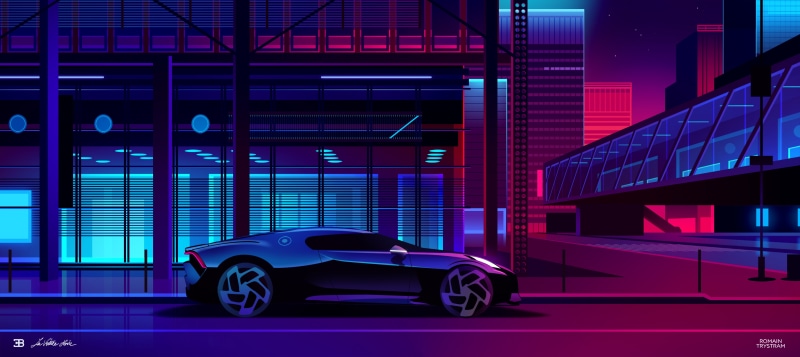 building, lights, 4K, Romain Trystram, artwork, vehicle, Architecture models, street, car, futuristic city, architecture, city, cityscape, vector graphics