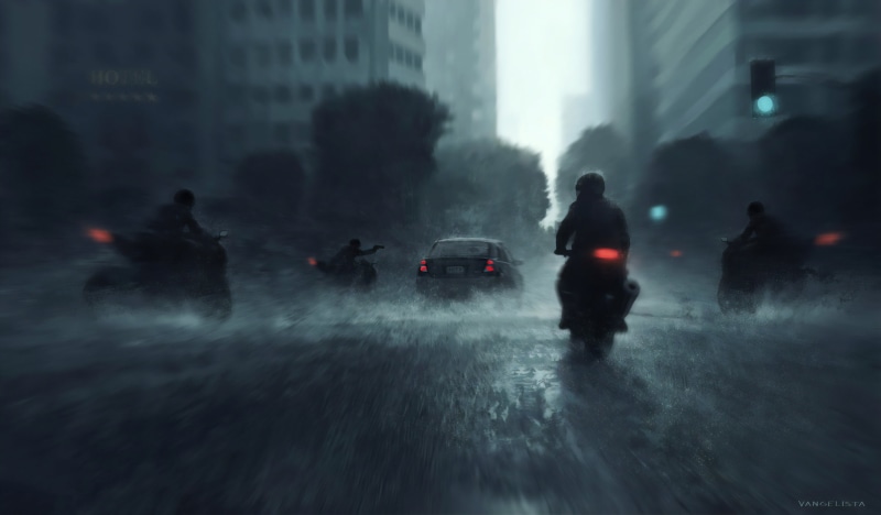 cityscape, street, city lights, people, silhouette, digital art, modern, city, motorcyclist, artwork, environment, urban, street light, vehicle, architecture