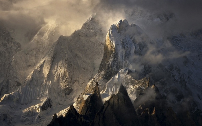 nature, mountains, summit, Pakistan, snowy peak, landscape, sunlight, 720P, Himalayas, clouds