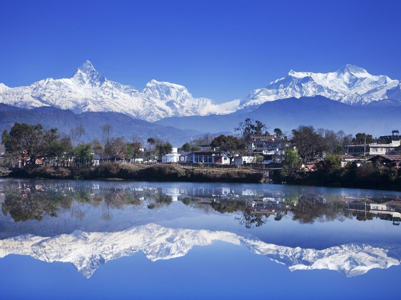 travel destinations, nature, winter, Ghandruk, sky, no people, snowcapped mountain, water, reflection, pine woodland, Pokhara, building exterior, lake