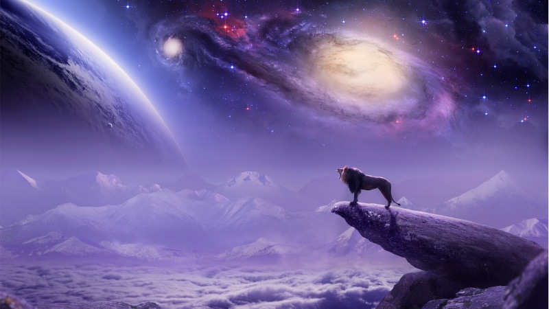 purple, space, roar, 1080P, earth, sky, nature, planet, fantasy art, lion, universe
