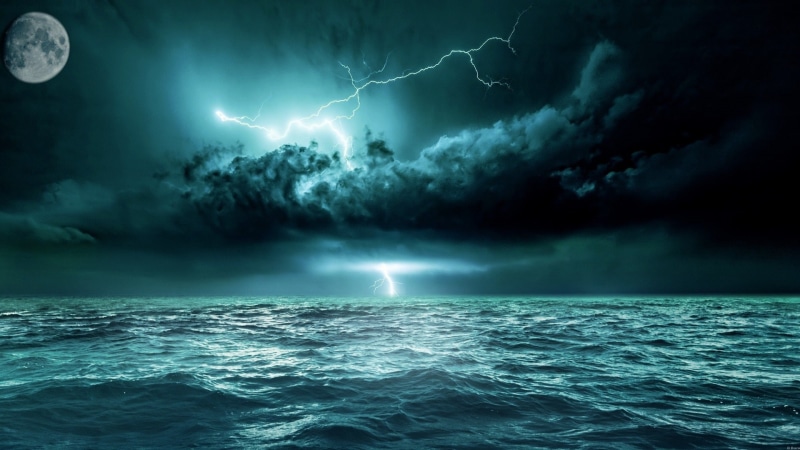 horizon, darkness, 1080P, storm, moon, night sky, moonlight, ocean, sea, lightning