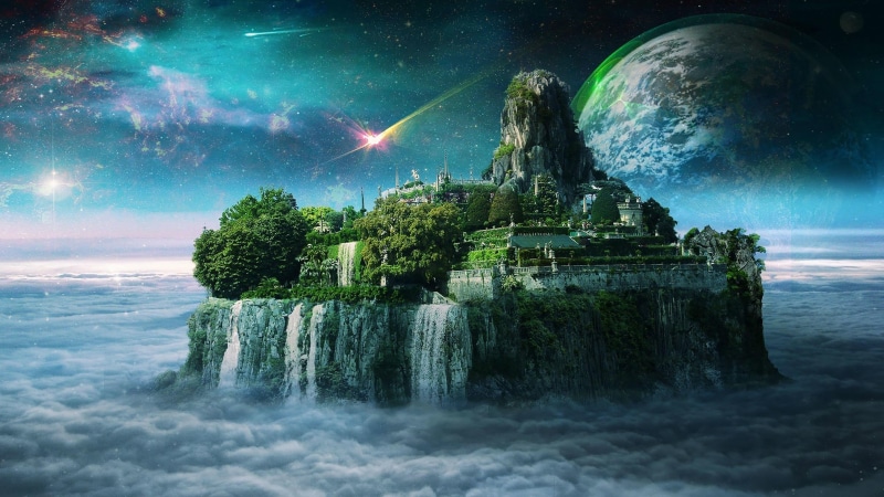 sky, city, waterfall, island, planet, 4K, space, space art, fantasy art, castle, stars
