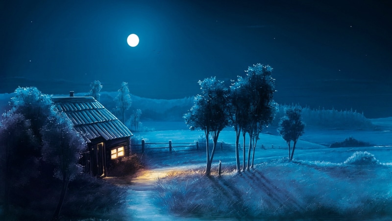 blue, fantasy landscape, darkness, full moon, 1080P, house, moon, moonlight, fantasy art, night