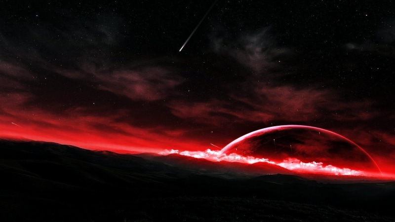 fantasy art, space, astronomical object, planet, horizon, red planet, universe, space art, sky, atmosphere, stars, 4K, darkness, night, outer space, meteor