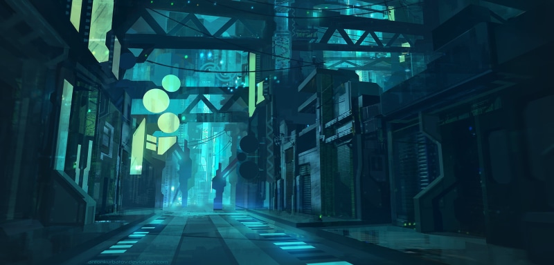 1080P, lights, building, neon, green, cyber city, cyan, digital art, cityscape, dark, street, futuristic, digital, illustration, science fiction, digital painting