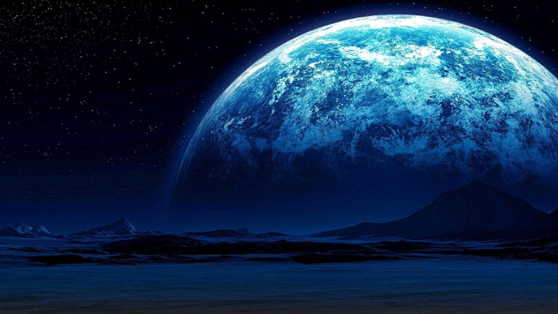 1080P, starry, moonlight, space art, moon, mountain, sky, fantasy art, earthlike, night, stars, starry night, blue moon, universe, planet, earth